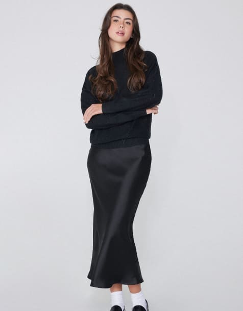 Tezenis Satin midi skirt in black - view 1