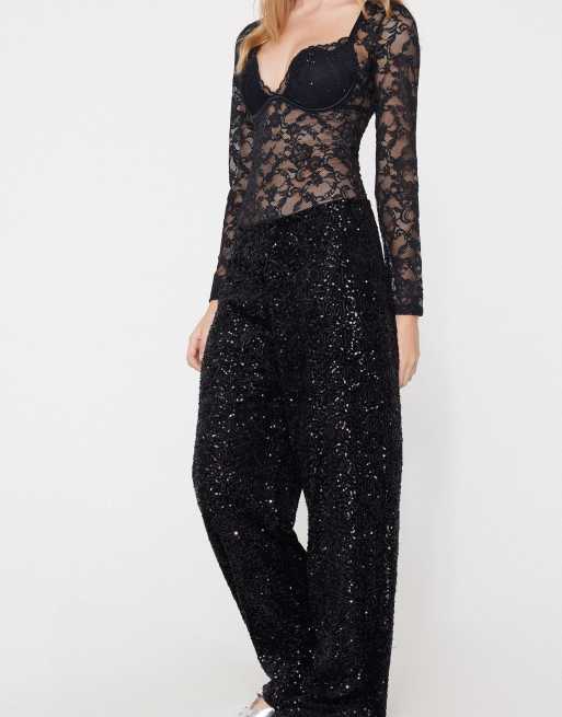 Tezenis Sequin palazzo trousers in black, 3 of 5