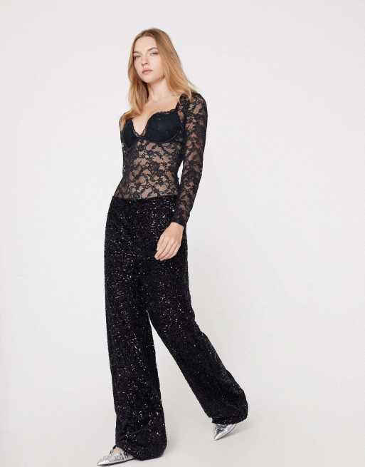 Tezenis Sequin palazzo trousers in black, 4 of 5