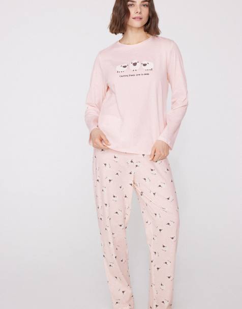 Tezenis Sheep print long cotton pyjamas in light pink with sheep - view 1