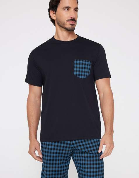 Tezenis Short checked cotton pyjamas with pocket in black/blue mircocheck - view 1