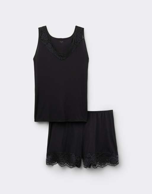 Tezenis Short pyjamas with wide shoulder straps in black, 3 of 4