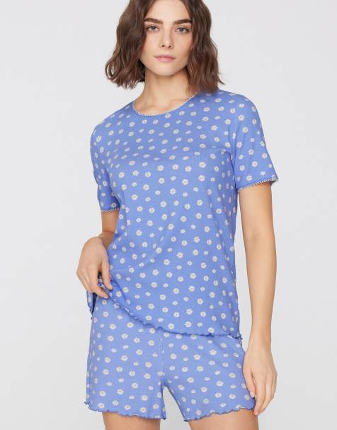 Tezenis Short ribbed pyjamas with daisies in blue with daisies - view 1