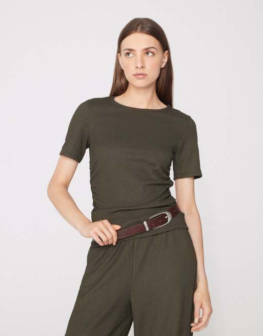Tezenis Short sleeve crinkle top with gathering in green camo, 4 of 5