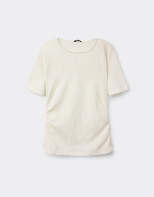 Tezenis Short sleeve crinkle top with gathering in milk, 5 of 5