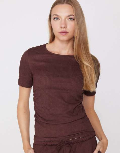 Tezenis Short sleeve crinkle top with gathering in tobacco - view 1