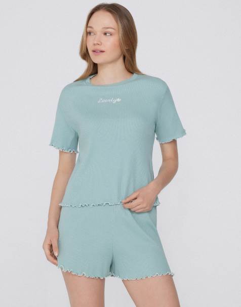 Tezenis Short-sleeved short ribbed pyjamas in lovely green - view 1