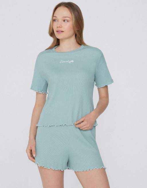 Tezenis Short-sleeved short ribbed pyjamas in lovely green