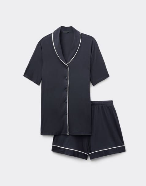 Tezenis Short viscose button-up pyjamas in black/milk - view 1