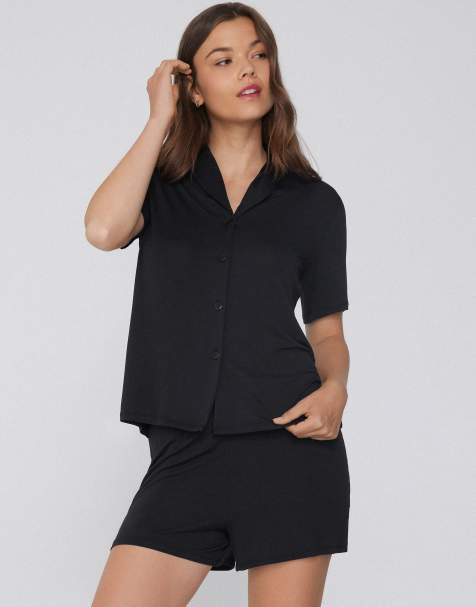 Tezenis Short viscose button-up pyjamas in black - view 1