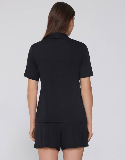 Tezenis Short viscose button-up pyjamas in black, 2 of 4