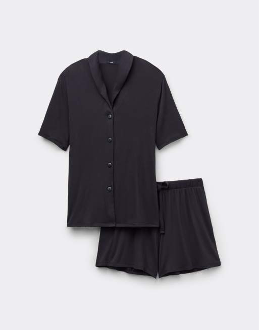 Tezenis Short viscose button-up pyjamas in black, 3 of 4