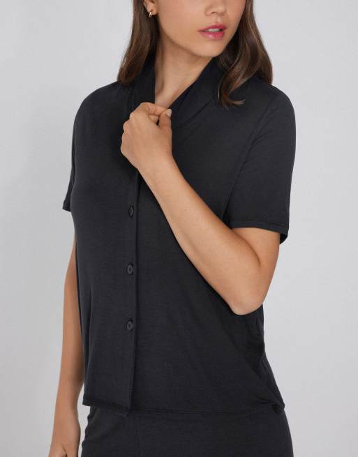 Tezenis Short viscose button-up pyjamas in black, 4 of 4