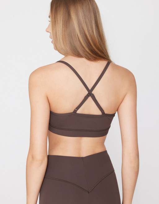 Tezenis Spaghetti strap padded short sport top in chocolate, 2 of 5