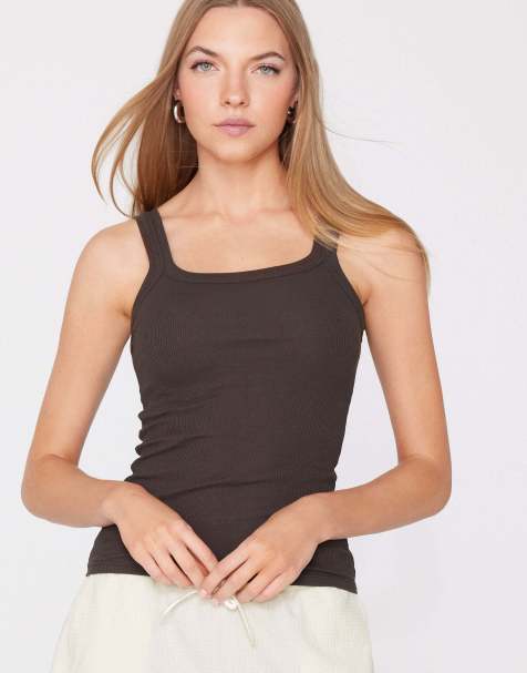 Tezenis Square neck ribbed cotton camisole in chocolate - view 1
