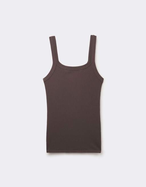 Tezenis Square neck ribbed cotton camisole in chocolate, 5 of 5