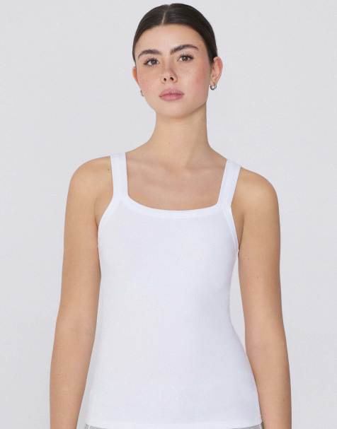 Tezenis Square neck ribbed cotton camisole in white - view 1