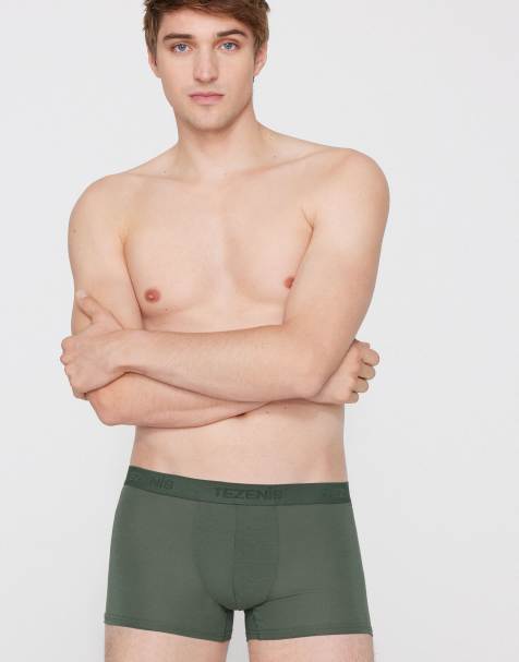 Tezenis Stretch viscose boxers with logo elastic in military green - view 1