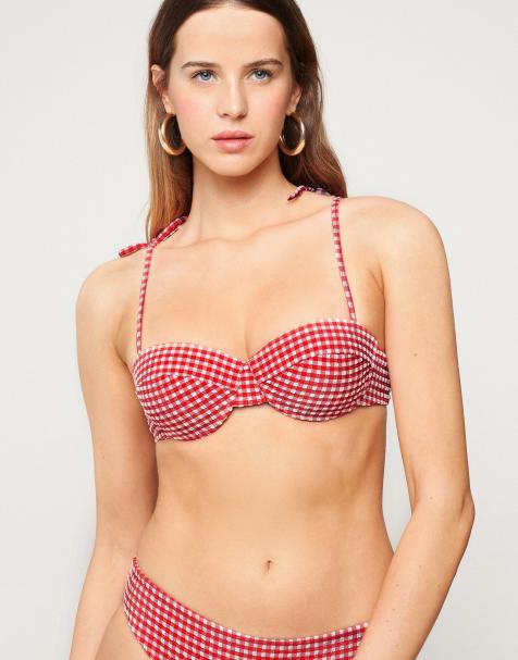 Tezenis Summer vichy padded bandeau bikini top in red vichy