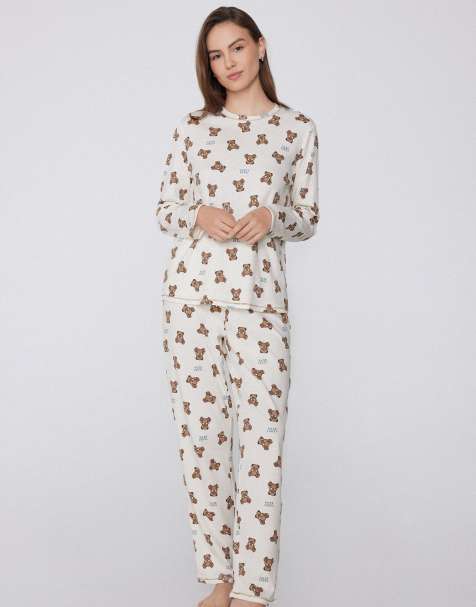 Tezenis Teddy bear print long cotton pyjamas in milk teddy bear print - view 1