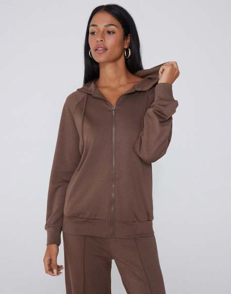 Tezenis Thick soft touch zip-up hoodie in coco brown - view 1