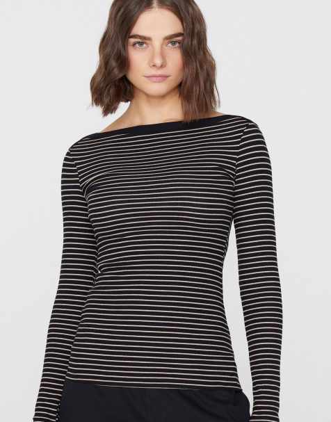Tezenis Top long sleeve boat ribbed cot.rigata in black/ecru stripes - view 1