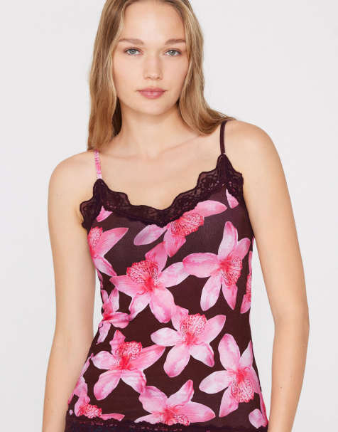 Tezenis V-neck camisole with lace insert in hibiscus