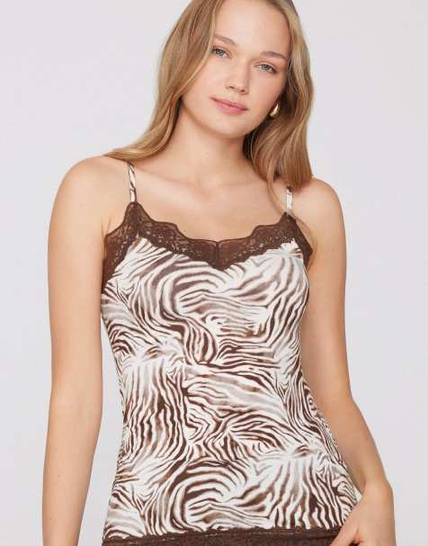 Tezenis V-neck camisole with lace insert in light grey zebra