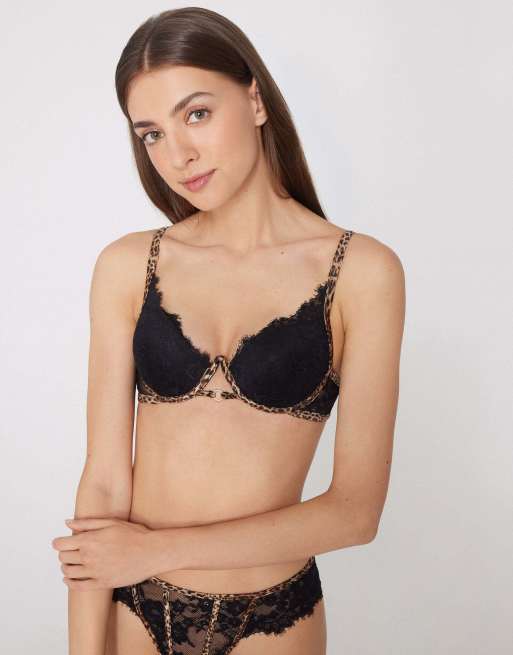 Tezenis Venice jungle glow padded push-up bra in black leopard print, 4 of 5