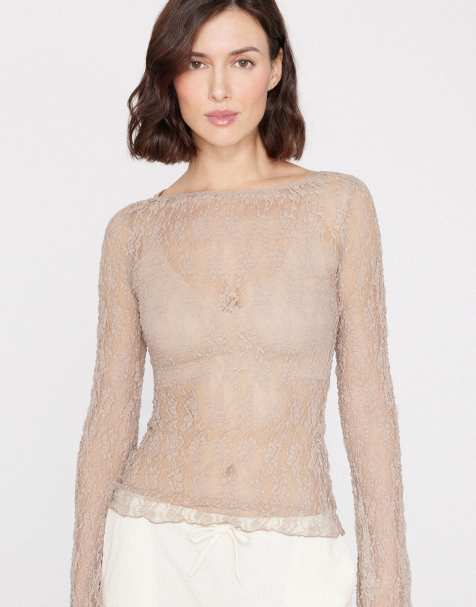 Tezenis Wide long-sleeved lace top in natural beige - view 1