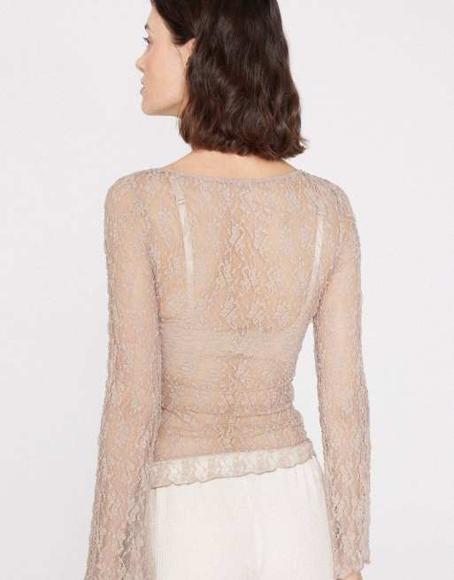 Tezenis Wide long-sleeved lace top in natural beige, 2 of 5
