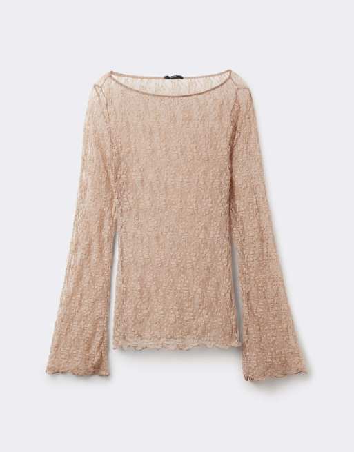 Tezenis Wide long-sleeved lace top in natural beige, 5 of 5