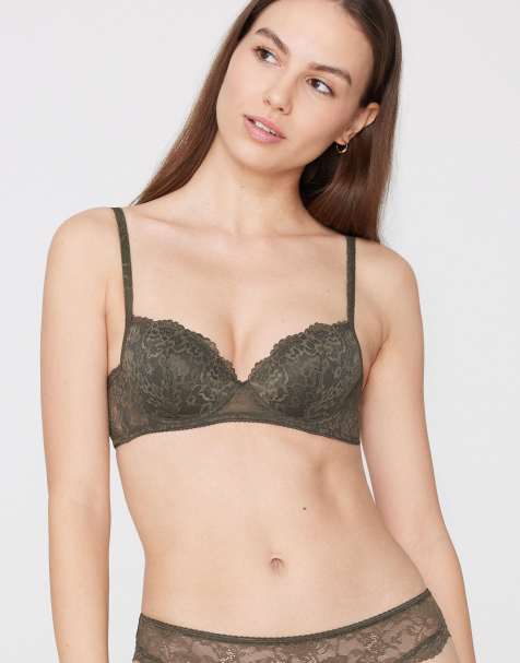 Tezenis Wien lace slightly padded balconette bra in green camo - view 1