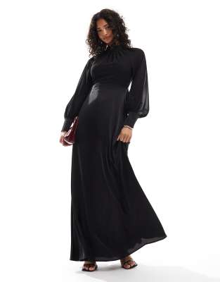 2 in 1 maxi dress with chiffon top and satin skirt in black