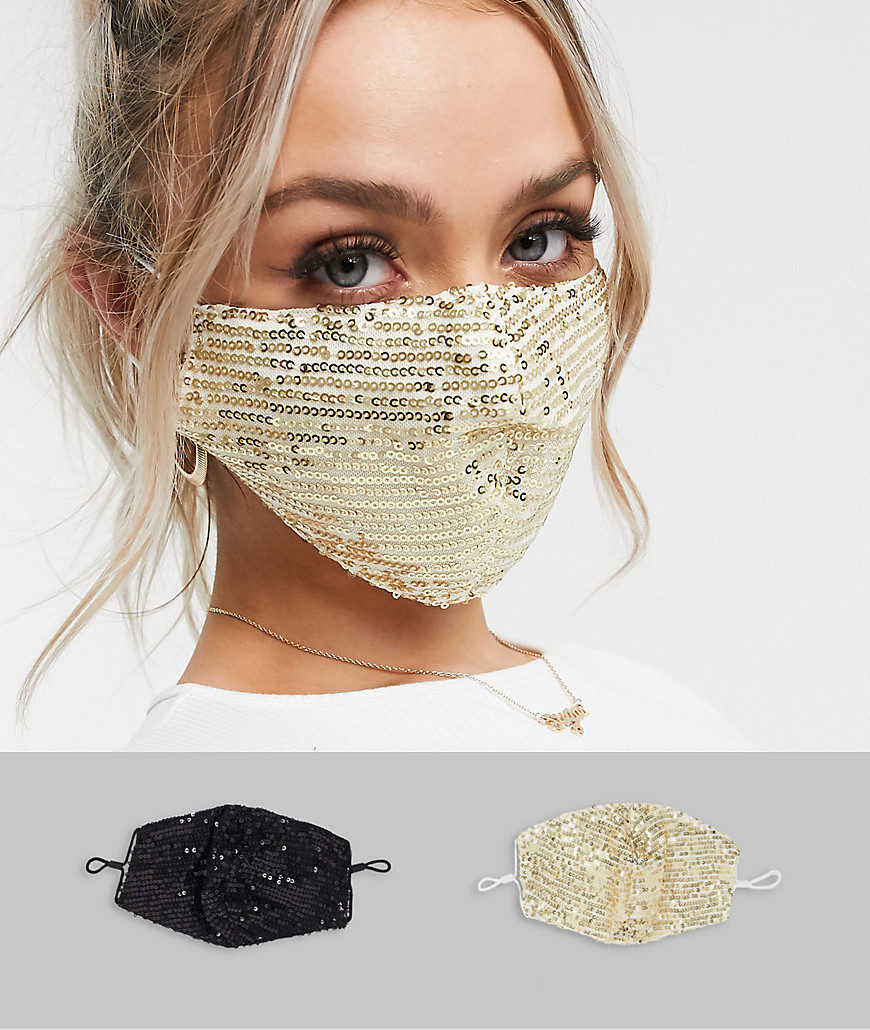TFNC 2 pack sequin face covering in black and gold-Zwart