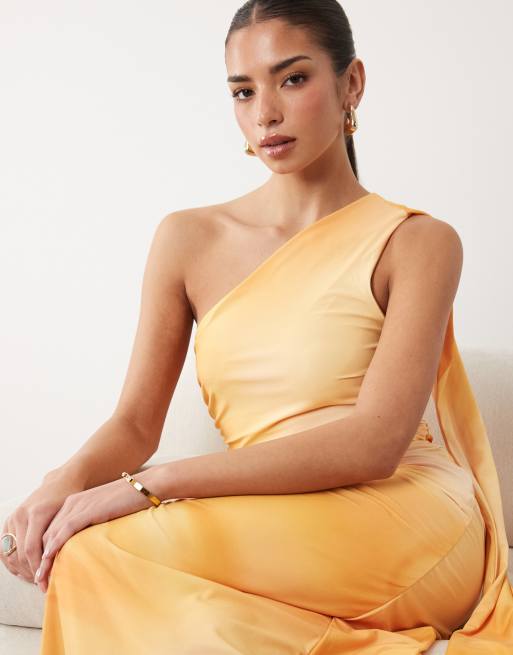 TFNC – Anschmiegsames Maxikleid in Gelb mit abstraktem Muster, One-Shoulder-Träger und Schaldetail, 2 von 4