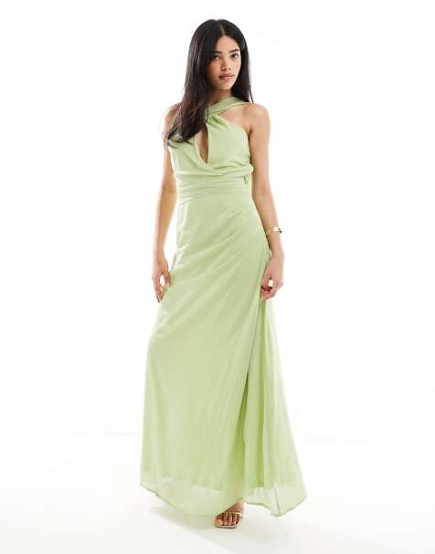 TFNC asymmetric maxi dress with drape scarf detail in lime - view 1
