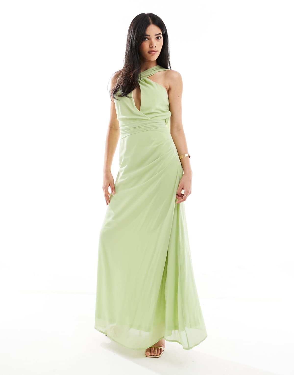 TFNC asymmetric maxi dress with drape scarf detail in lime