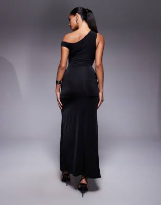Tfnc Asymmetric Off-shoulder Midi Dress With Thigh Split In Black