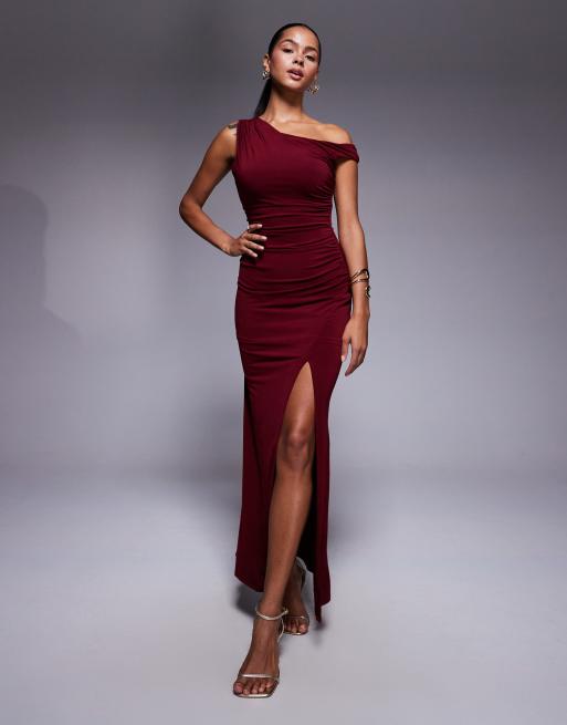 TFNC asymmetric off the shoulder midi dress with thigh slit in cherry