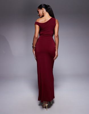 Tfnc Asymmetric Off The Shoulder Midi Dress With Thigh Slit In Pink