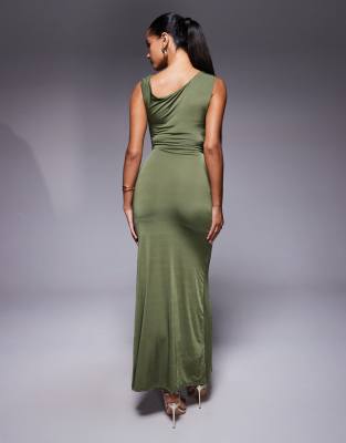 Tfnc Asymmetric Off The Shoulder Midi Dress With Thigh Slit In Green