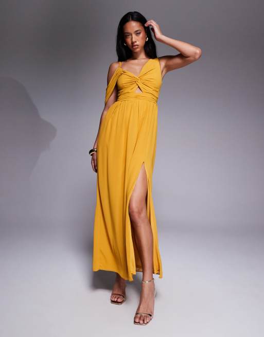 TFNC - Asymmetrische maxi-jurk met gedrapeerde rug in goudsbloem, 2 van 4