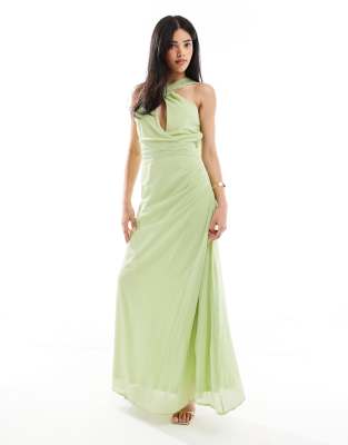 TFNC - Asymmetrisches Maxikleid in Limettengrün mit drapiertem Schal-Detail