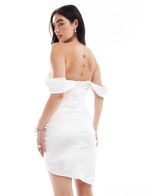 TFNC bandeau drop shoulder corset wrap mini dress in white hotfix, 4 of 4