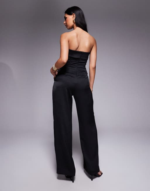 TFNC - Bandeau jumpsuit van satijn met wijde pijpen in zwart, 4 van 4