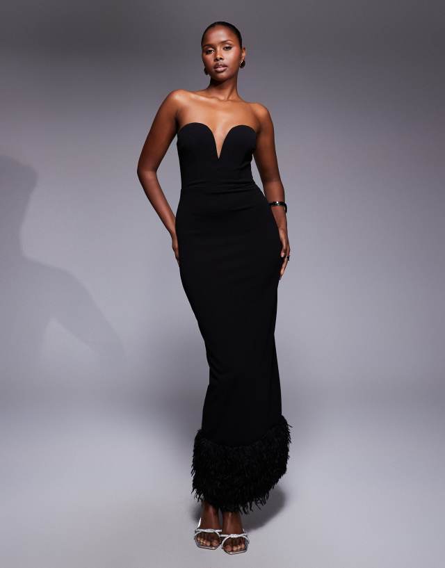 fur formal dress TFNC bandeau maxi with faux trim in black evening gown with fur shawl