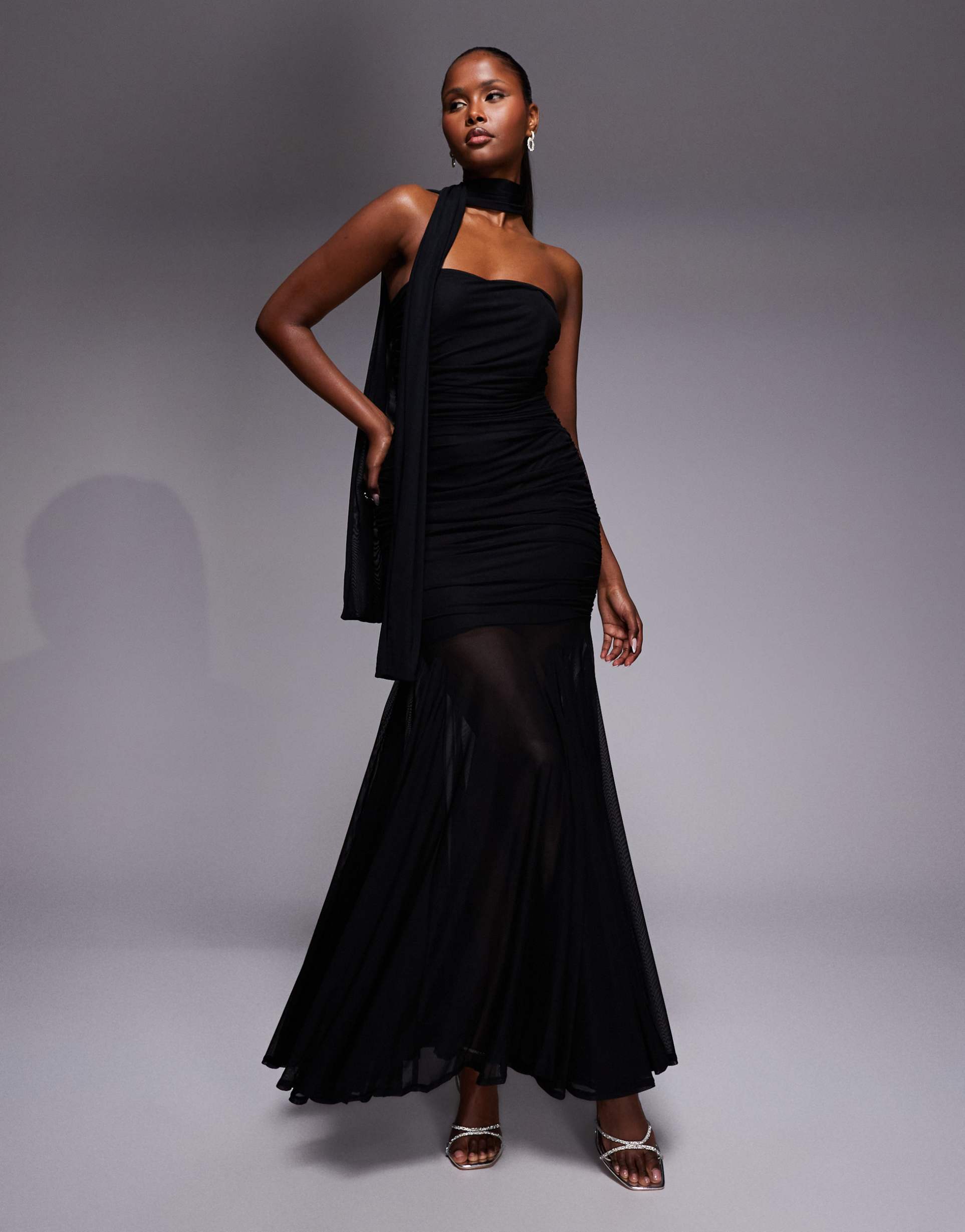 tfnc bandeau maxi dress with full sheer skirt and scarf detail in black