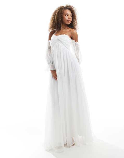 TFNC bandeau maxi dress with sheer sleeves in white