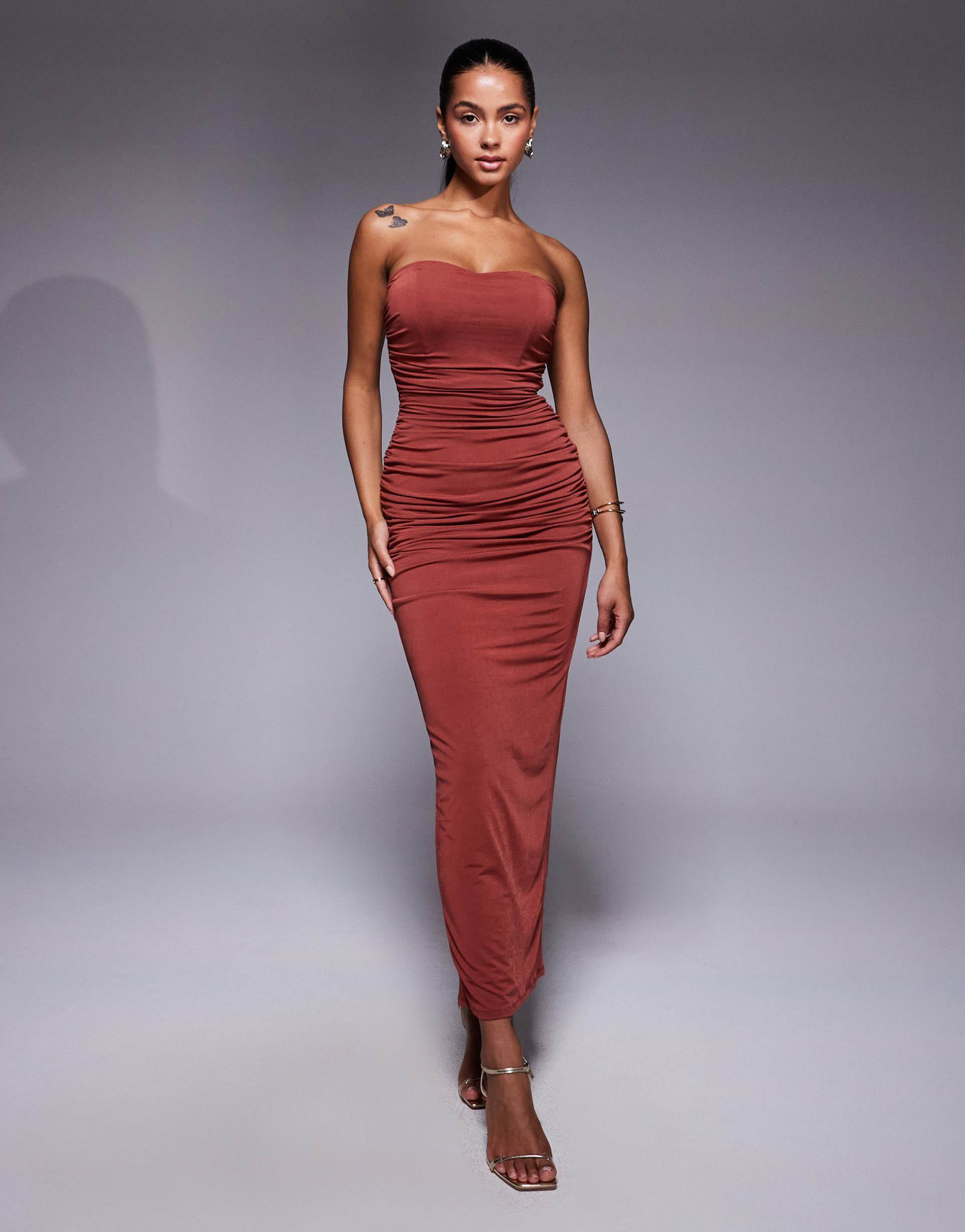 tfnc bandeau ruched midi dress in deep rust